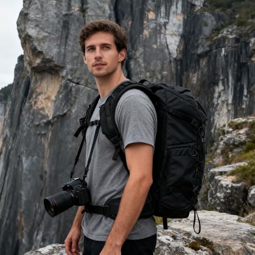 LEOFOTO 35L Camera Backpack for Photographer, Lightweight Waterproof Travel Camera Bag for Camera/Drone/15.6" Laptop, Photopraphy Bag with Side Access & Rain Cover, Tripod Compatible, 2.65KG - BLACK - color: 35l-bag+medium Insert-black