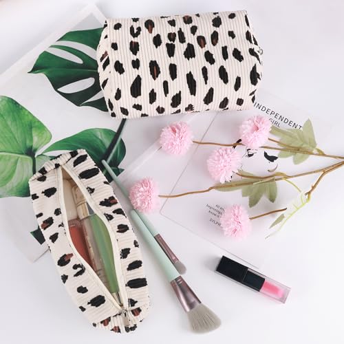 3 Pcs Makeup Bag Cosmetic Bag Set for Girls Women Travel Organizer Bathroom Toiletry Pouch Large Capacity Storage Bag (Leopard Beige) - color: Leopard Beige