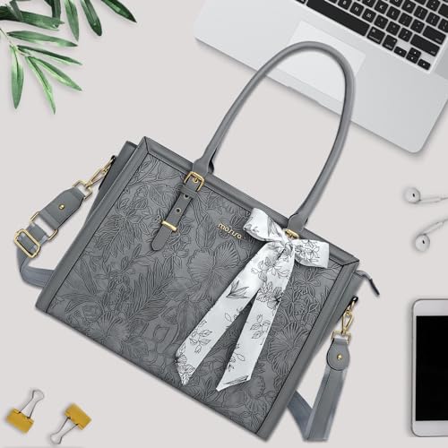 MOSISO Laptop Bag for Women, 17-17.3 inch PU Leather Tote Bag Compatible with MacBook, HP, Dell, Asus Notebook, Front Embossed Retro Hibiscus Computer Bags with Silk Scarf&Clutch Purse, Gray - color: Gray, size: 17.3 inch