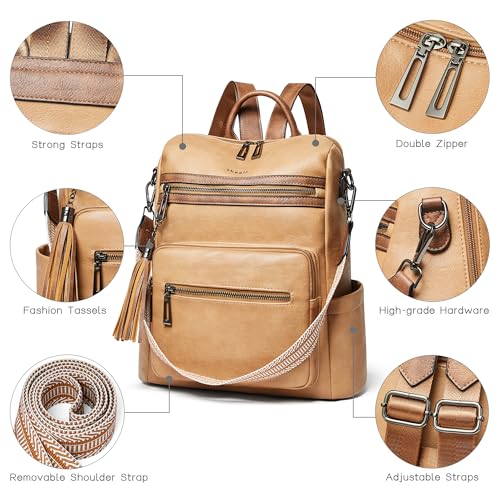 Shrrie Backpack Purse for Women Leather Fashion Designer Travel Backpack Convertible Shoulder Satchel Bag for College Work - color: 2-8 Camel With Brown