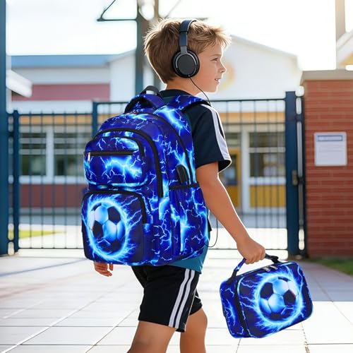 Bevalsa Backpack for Boys, Lightning School Bags with Lunch Bag & Pen Case for Kids, Bookbag for Boys Teens Elementary Middle High School - color: Blue Football