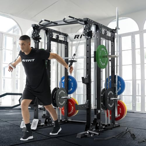 RitFit Buffalo Smith Machine, Power cage with LAT-Pull Down System & Cable Crossover System, All-in-One Squat Rack for Home Gym, Power Rack - color: BLACK, size: Package(With CP370)