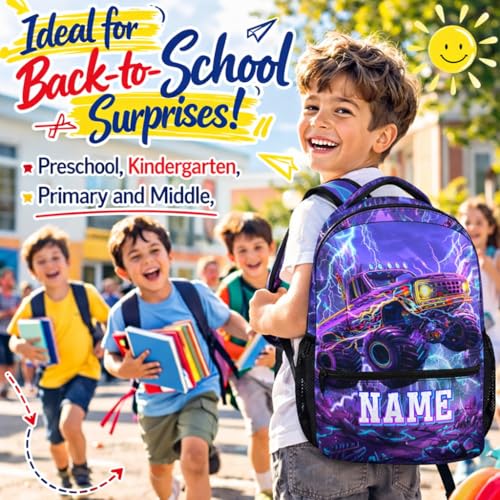 Boys Backpack Truck Backpacks Personalized Name for Kids Toddler, Large Capacity Bookbag for School Travel Outdoor - color: Purple