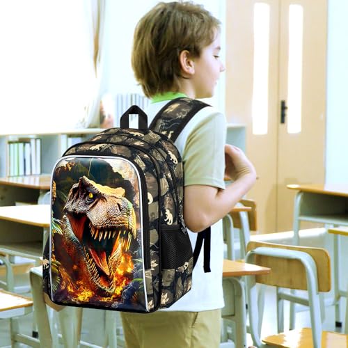 HPJGD 3PCS Dinosaur Kids Bookbag, Water Resistant Boys School Bag Set with Lunch Box, Cool Backpack for Elementary Preschool Toddler - Wall-Breaking T-Rex - color: Cool Uv Printed Wall-breaking T-rex Brown