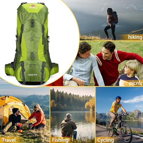Hiking Backpack for Men and Women 70L+5L Waterproof Lightweight Camping Daypack with Rain Cover for Outdoor Travel Mountaineering - Frameless (Green) - color: Green