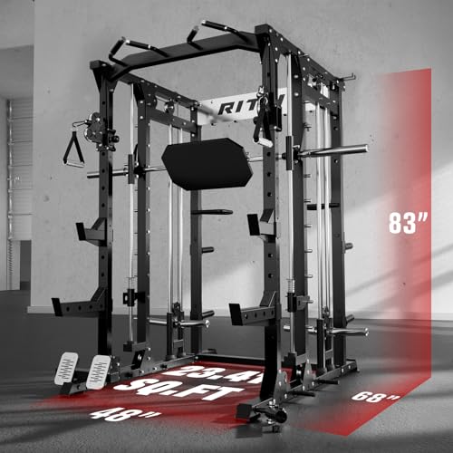 RitFit Buffalo Smith Machine, Power cage with LAT-Pull Down System & Cable Crossover System, All-in-One Squat Rack for Home Gym, Power Rack - color: BLACK, size: Package(With BP370)