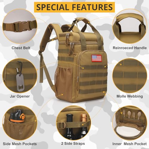 Tactical Backpack Cooler,Lunch Backpack for Men Adults Work with Handle,Soft Cooler Backpack Insulated Waterproof Leak Proof - color: Brown