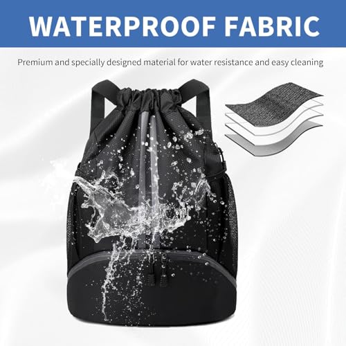 Drawstring Backpack Gym Bag with Shoe Compartment - Ideal for Basketball, Swimming, Beach Activities, Unisex - color: Black