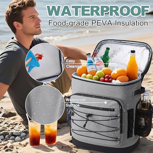Large 52cans Cooler Backpack, Insulated, Waterproof, Leak Proof, 30L Large Capacity - color: Grey, Black Zipper