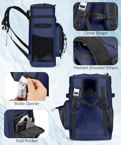 Insulated Cooler Backpack, 35L Leakproof Backpack with Double Compartments for Men & Women, Large Lunch Cooler for Camping, Beach, Travel, Picnic, Up to 48 Cans - color: Blue