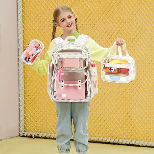 ACESAK Clear Backpack for Girls - 3 Pcs Clear Backpack Heavy Duty with Lunch Bag - See Through Bookbag Stadium Approved for Kids Middle High College School(Beige Checkerboard) - color: Beige Checkerboard