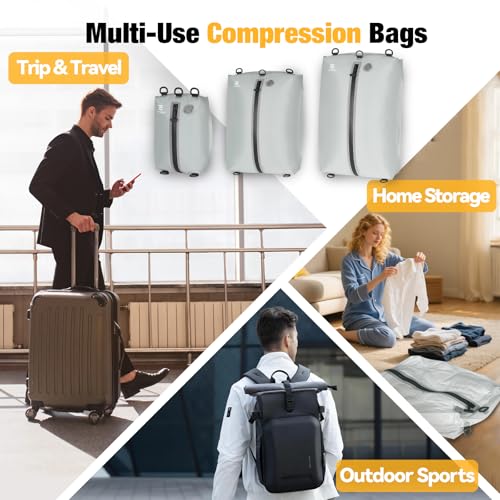 3 Pack Vacuum Bags for Travel with Pump, 3-Size Set Reusable Vacuum Compression Bags for Luggage, Space Saver IP67 Waterproof Vacuum Packing Cubes for Suitcase&Backpack, Grey white