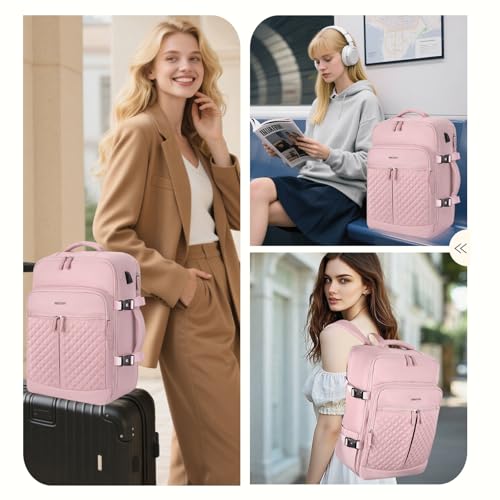 MOSISO 40L Travel Backpack for Women, Rhombus Quilted Flight Approved Carry on Daypack with USB Charging Port&Drawstring Bag, 17-17.3 inch Laptop Backpack for Office Work Travel Essentials, Pink