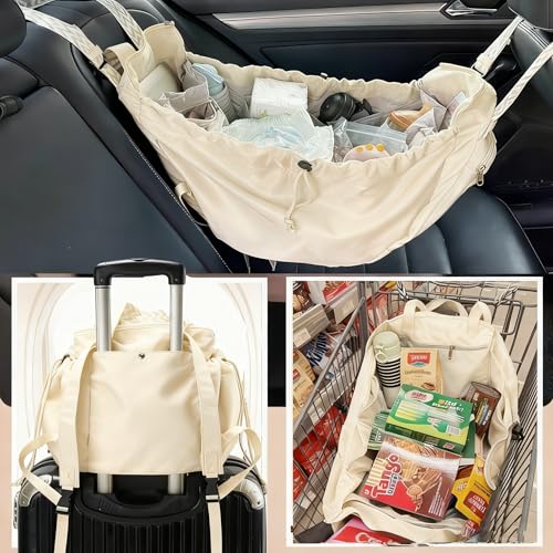 Tote Bag Large Capacity Lightweight Backpack with 15 Pockets Nylon Shoulder Bag for Car Travel Mother Bag - color: Beige