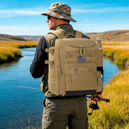 40L Fishing Backpack Water Resistant Fishing Tackle Bag with 2 Rod Holders, Tackle Storage Bag for Anglers(Khaki,Bag Only) - color: Khaki