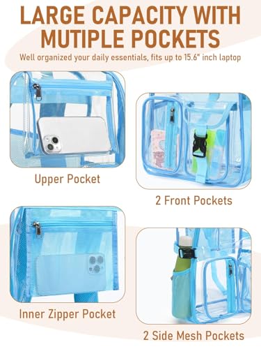 Clear Backpack Heavy Duty for Women Men Boys Girls, Large Clear Bookbag See Through Backpack for School College - color: 13-8#light+pouch-no Reflective Strips