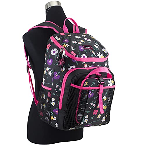 FUEL Top Loader Backpack with Lunch Box Combo – 18” Two Compartment Water Resistant Durable Adjustable Straps with Side Water Bottle Pockets 2 in 1 Set – Black & Pink Flowers - color: Ditsy Floral Bird Print/Black/Pink Sizzle