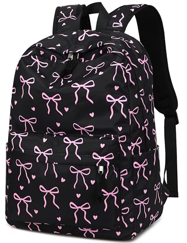 LEDAOU School Backpack for Teen Girls - 15.6 Inch Laptop Backpack, Cute Bow Aesthetic Bookbag, Lightweight Water Resistant Daypack for Middle High School, College and Travel, Black - color: A-black Bow Tie
