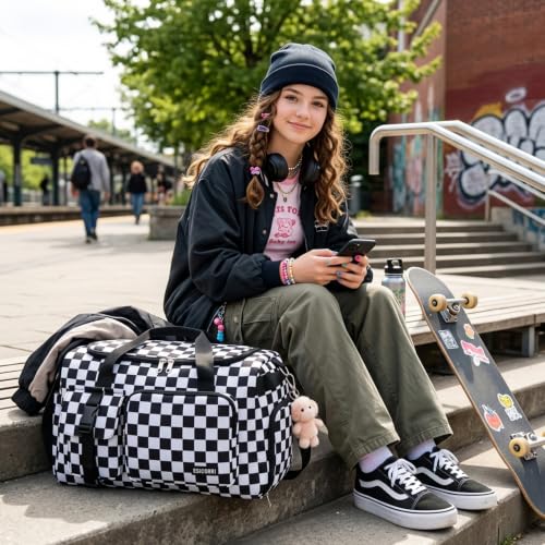 Eslcorri Gym Travel Duffel Bag Backpack with Shoe & Wet Pocket, Check Black - color: 42L-Checkered-Black