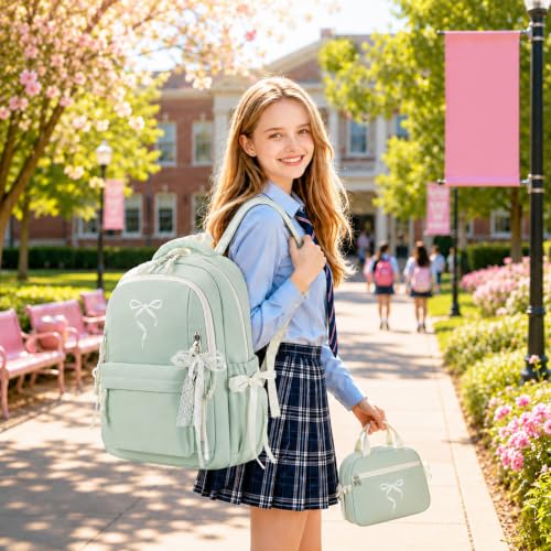 Kids Backpack for Girls - 3PCS Cute Embroidered Bow Girls Backpack with Insulated Lunch Bag & Pencil Case - Bookbag for Teen Women Middle High School College Work Travel Daypack - color: Sage