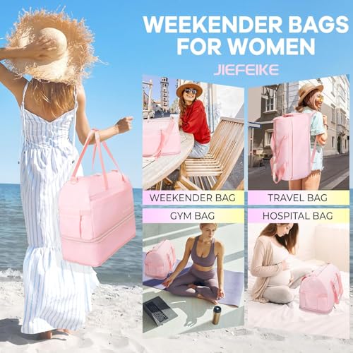 Weekender Bags for Women,Extra large 66L Expandable Travel Duffel Bag with Shoe Compartment,Overnight Bag, Waterproof Pocket,Carry On Backpack for Gym,Hospital,Beach - color: Pink