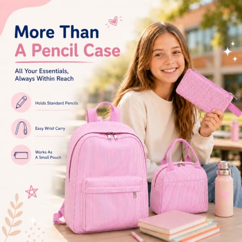 Bluboon Teen Girls School Backpack Kids Bookbag Set with Lunch Box Pencil Case Travel Laptop Backpack Casual Daypacks (Beige bow tie) - color: Pink & White Striped