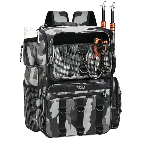 MGB 46L Water-resistant Fishing Tackle Backpack with Rod Holders - color: Grey+black Camo(without Tackle Box)