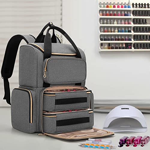 LUXJA Nail Polish Organizer (Backpack Version) Holds 70 Bottles and a Nail Lamp, Travel Nail Polish Bag with 2 Removable Cases and Tools Storage Pockets (Patent Pending), Gray - color: Gray