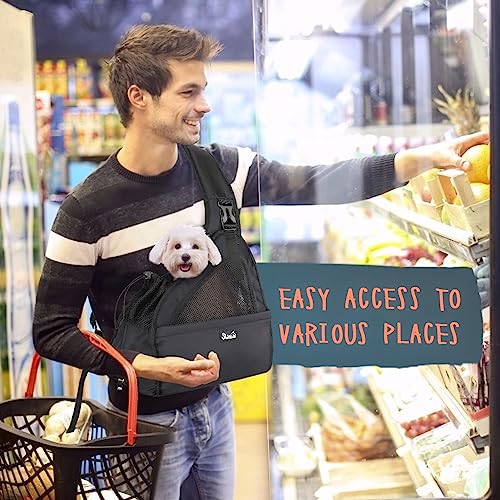 SlowTon Pet Dog Sling Carrier, Hands Free Hard Bottom Papoose Small Animal Puppy Up to 6 lbs Travel Bag Tote Breathable Mesh Support Adjustable Padded Strap Pocket Safety Belt(Widened Black) - color: Black