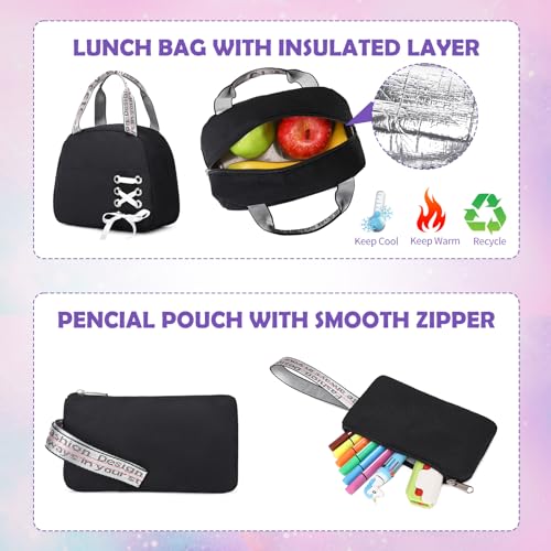 ACESAK Backpacks for Girls, Girls Backpack with Lunch Box and Pencil Case for Teen Kids Elementary Middle High School College Student, Children School Backpack Bookbag with USB Charging Port (Black) - color: Solid Black (With Chain)