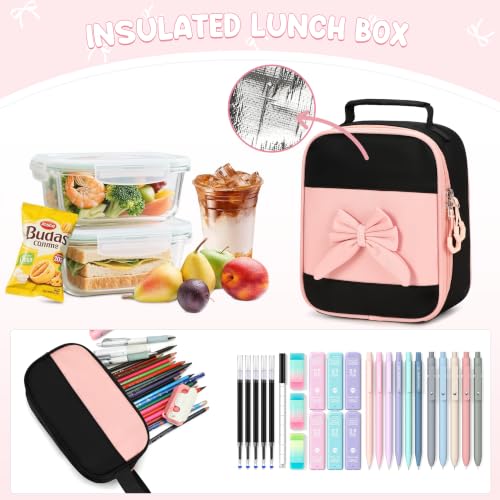 Kids Backpack for Girls, 3PCS School Backpack Set with Insulated Lunch Box & Pencil Case, Waterproof Lightweight Bookbag for Elementary & Middle School, Cute Bow Travel Daypack Black-Pink - color: Black-pink