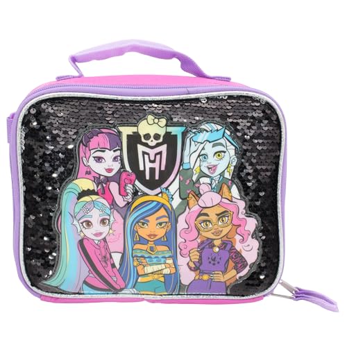 AI ACCESSORY INNOVATIONS Monster High 4 Piece Backpack Set, Clawdeen Wolf, Cleo DeNile, Dracularua, Frankie Stein, & Lagoona Blue Bookbag, Flip Sequins 16” School Bag, Black & Pink - color: Monster High