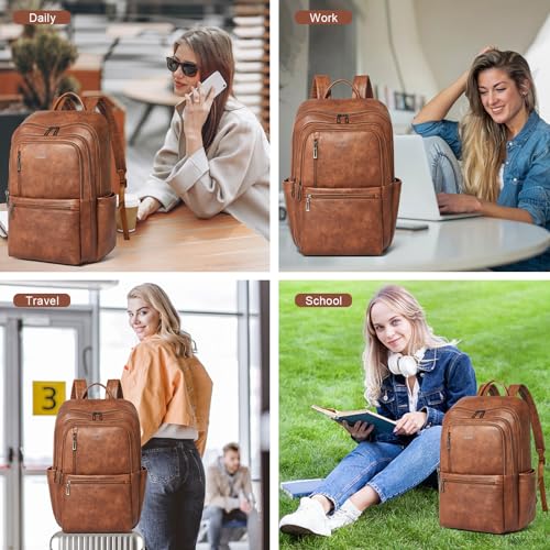 Shrrie 17 inch Leather Laptop Backpack for Women, Large Travel Backpack with 6 Compartments, Vegan Leather Computer backpack purse for WORK Casual Daypack College - color: Brown