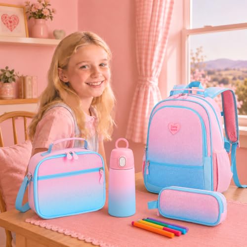 Kids Backpack for Girls 5-8, 4PCS Toddler Backpack with 13oz Kids Insulated Water Bottle, Lunch Box and Pencil Case, Girls Bookbag Schoolbag for Primary Kindergarten Elementary School - color: Pink Blue