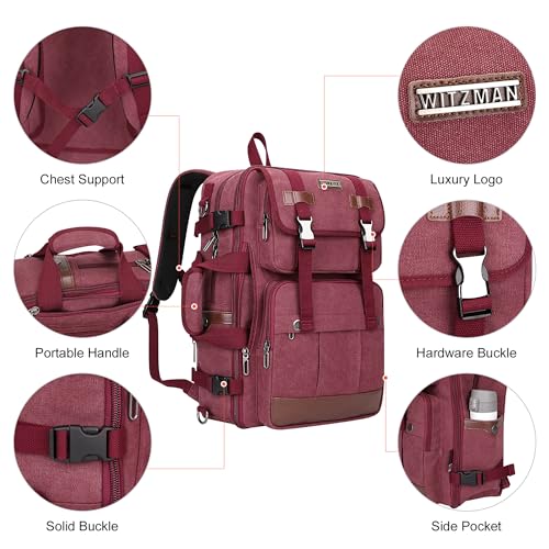 WITZMAN Canvas Travel Backpack for Women Large Laptop Backpack Fit 16 inch Carry-on Airline Approved Convertible Shoulder Rucksack(A6617-3 Red) - color: Red