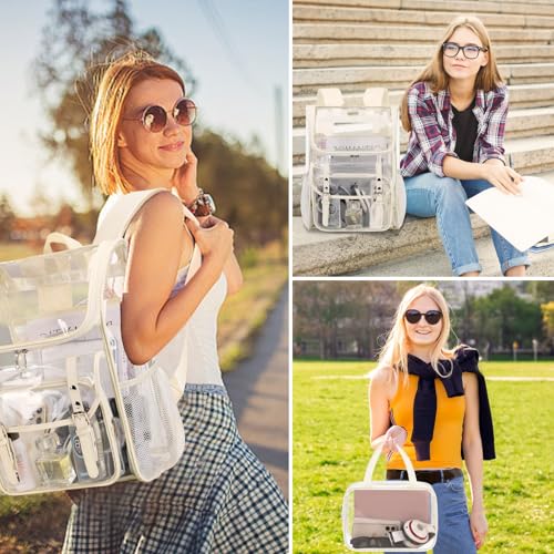 DIGOBAY Clear Backpack with Lunch Bag Set, Leather Clear Backpack Heavy Duty Thick PVC Bookbag Fashion See Through Transparent Backpacks with Support Pad for College Travel Work Beige - color: Beige