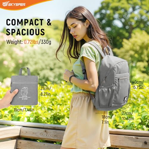 SKYSPER Anti Theft Hiking Backpack, 20L RFID Packable Travel Daypack, Lightweight Foldable Back Pack for Walking Daytrip - color: Grey