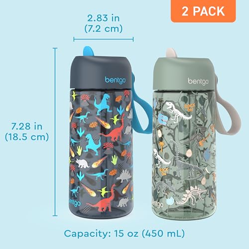 Bentgo Kids Water Bottle 2-Pack - Leak-Proof Durable Tritan BPA-Free 15 oz Cup for Kids/Toddlers Ages 3+; Bite & Sip Spout + Dishwasher Safe for School/Sports/Daycare/Camp (Dinosaur/Dino Fossils) - color: Dinosaur & Dino Fossils