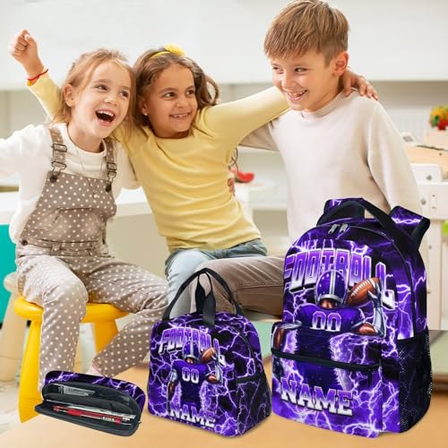 UNIKITTY Boys Football Backpack Set, Personalized School Backpack with Lunch Box & Pencil Case; 17 Inch Large Capacity Football Bookbag, Water Resistant for Kids Teens Elementary & Middle School - color: Purple
