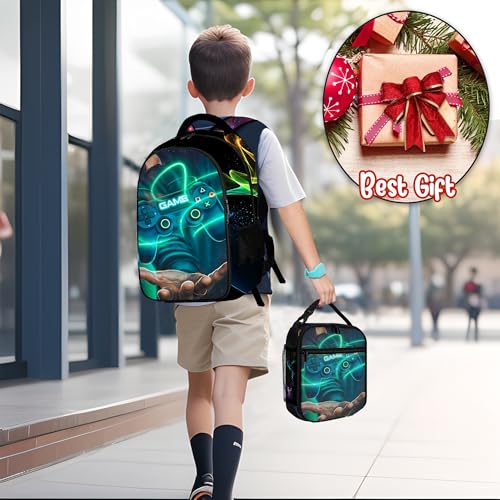 Boys Backpack with Lunch Box and Pencil Case, 3Pcs Gamer Backpack for Boys Teens, 17 Inch Large Capacity - color: GAME-LZWJ-4
