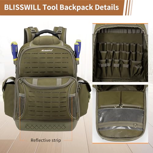 BLISSWILL Tool Bag Backpack for men,Heavy Duty Tool Backpack Bag with Waterproof Molded Base,62 Pockets/40 Loops Heavy Duty Tools Organizer Bags/Electrician/Industrial/Construction Work Backpack - color: Dark Khaki