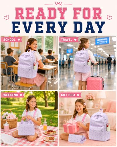 CAMTOP Girls Backpack with Lunch Box Set, Cute Bow School Backpack for Kids, 3-in-1 Lightweight Lunch Bag and Pencil Pouch - color: Purple Heart Bow