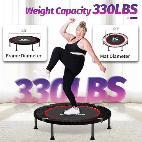 K KENSONE 40" Mini Flodable Spring Rebounder Trampoline for Adults, Small Exercise Trampoline for Indoor Workout and Fitness, Purple Resistance Band Included, Max Load 330 LBS - size: 40"(Purple Resistance Band), style: Without Bar