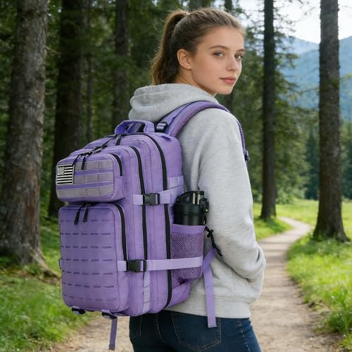 Military Tactical Backpack 45L/25L 3 Day Assault Pack Molle Daypack Hiking Backpack for Men and Women - color: Pale-purple, size: 45L