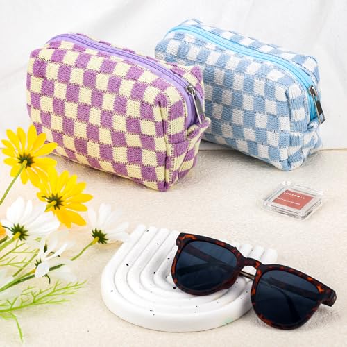 ZLFSRQ 2Pcs Checkered Pencil Case Cute Pencil Pouch for Teens Checkered Makeup Bag Medium Travel Cosmetic Bag Preppy Makeup Pouch for Purse Aesthetic Zipper Toiletry Bags Organizer(Blue/Purple) - color: BN Checkered 2Pcs M Blue/Purple