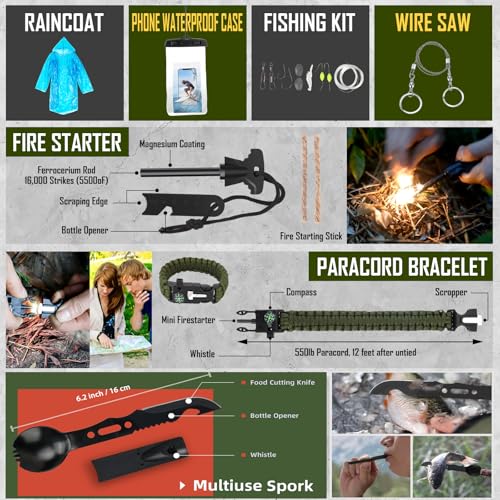 Survival Kit, 268 Pcs Emergency Survival Gear and Equipment Supplies with First Aid Kit, Camping Axe, Headlamp, Crossbody Bag for Camping Hiking, Hunting, Gift for Christmas Men, Dads, - color: Green
