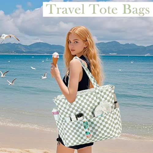 LEDAOU Beach Bag Waterproof Sandproof Women Beach Tote Pool Bag with Zipper for Swim Gym Grocery Travel with Wet Pocket | Sandproof - color: Grid-grass Green2