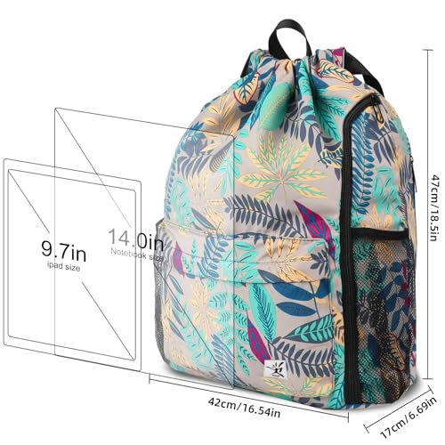 Drawstring Backpack with Mesh Pockets String Gym Bag Sackpack Sandproof Water Resistant Beach Backpack for Men Women - color: Gray Leaves
