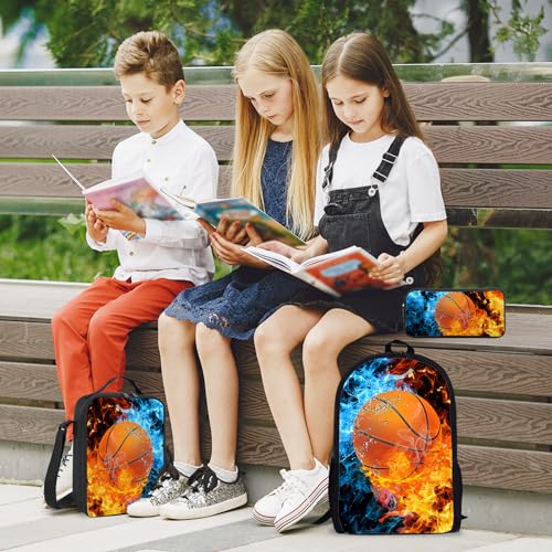 Basketball Backpack Set for School,17 Inch Casual School Bags with Lunch Box, Kids Daypack Bags and Pencil Case Set for Teens Boys Men Students - color: Ice&fire-basketball