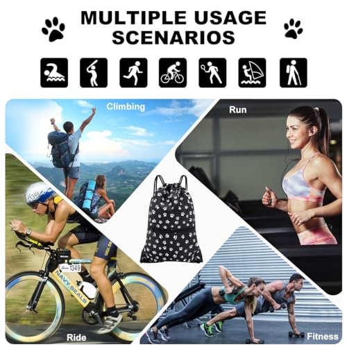 HOLYLUCK Drawstring Backpack Bag Sport Gym Sackpack - color: Black Background White Dog Paw Prin